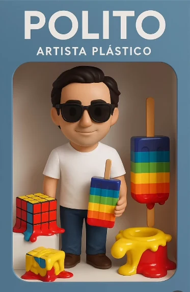 Figura de Polito en su caja de juguete, rodeado de sus obras: cubo Rubik y paletas arcoíris